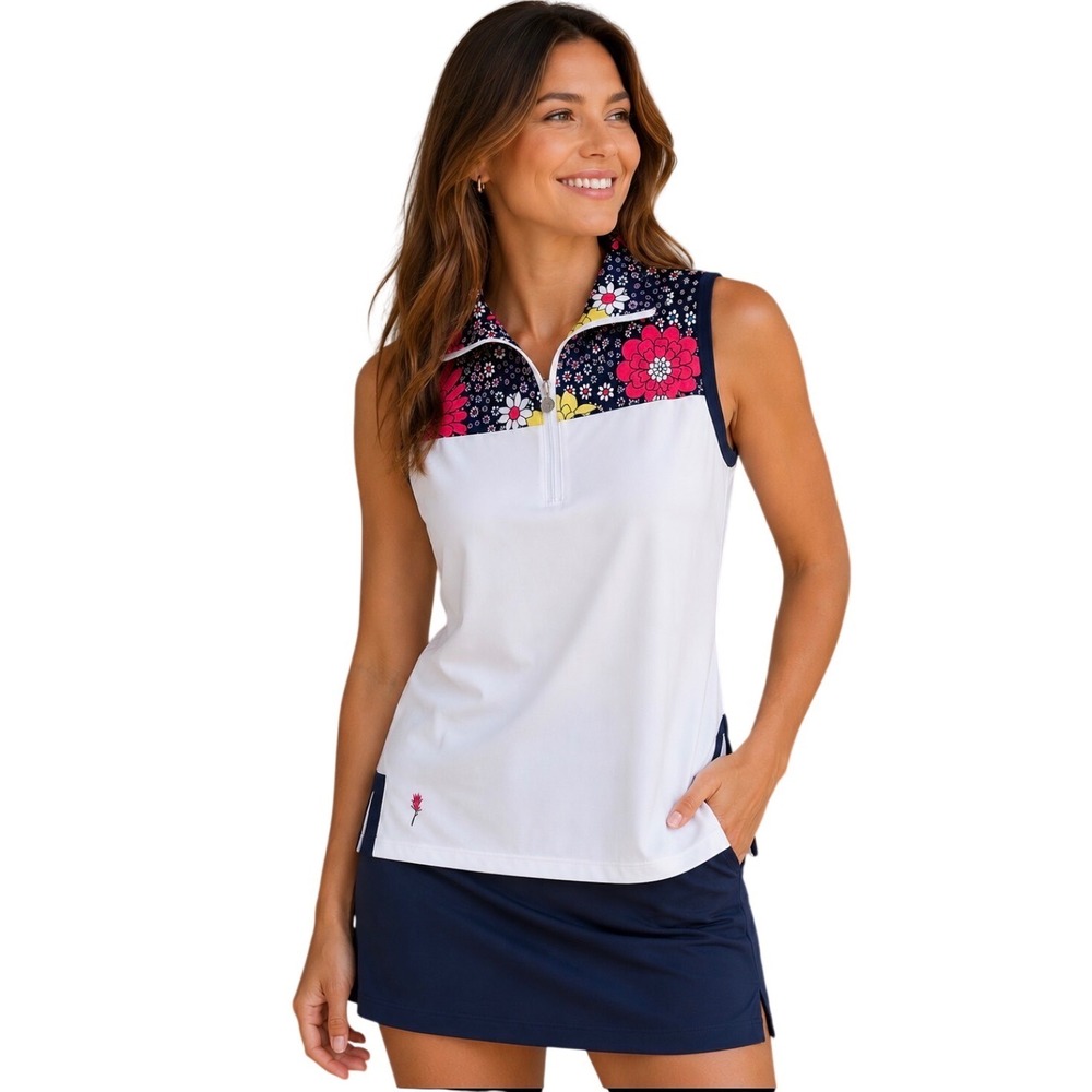 NWT Kinona Sunny Days Sleeveless Golf Top White Floral Quarter Zip UPF 50 XS